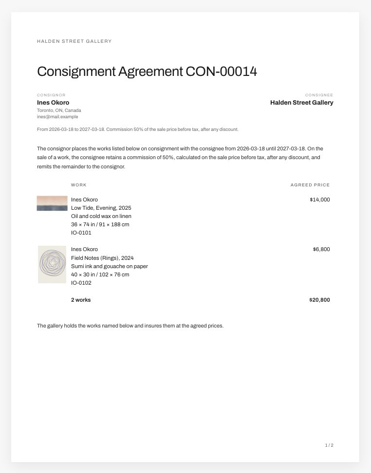 A consignment agreement as the artist opens it, drawn as the page it prints on
