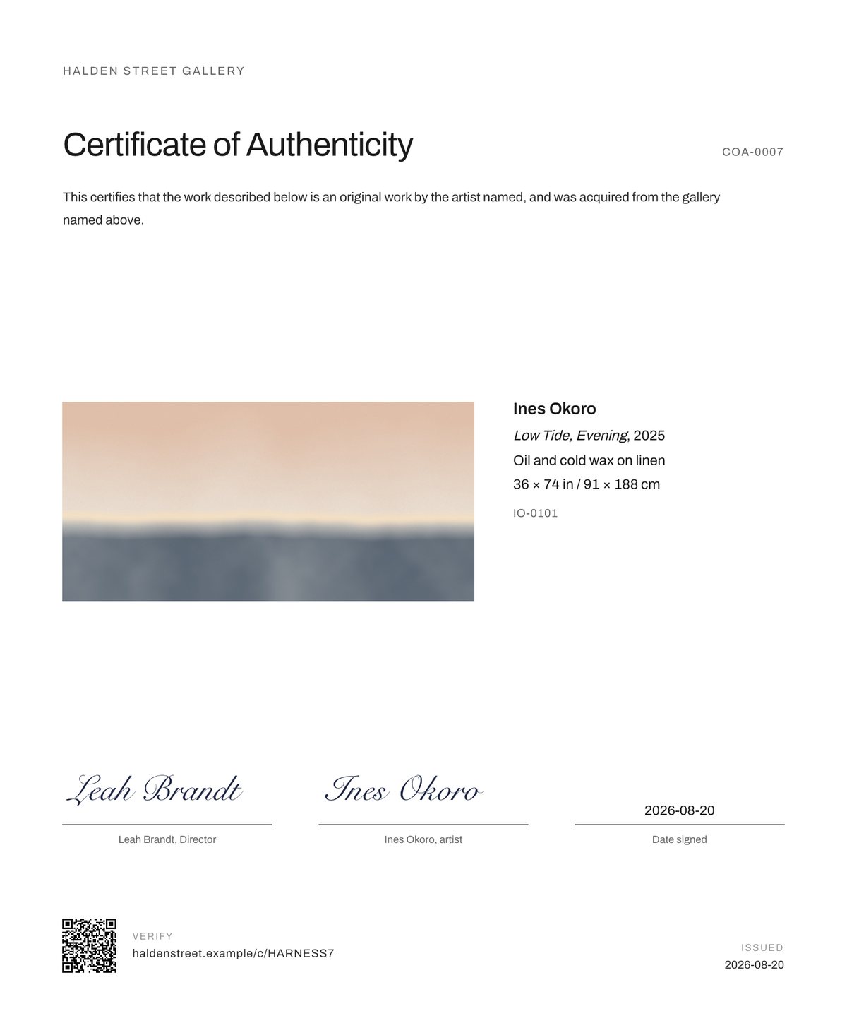 A signed certificate of authenticity with a code that confirms it